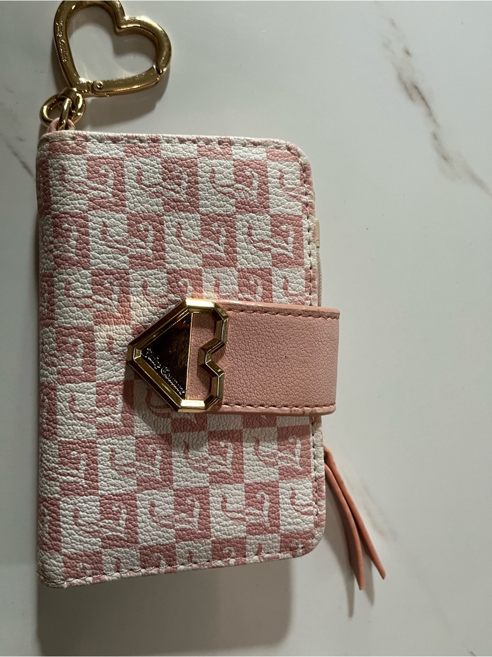 Juicy Couture Pink & White Monogram Card Holder with Gold Heart Charm